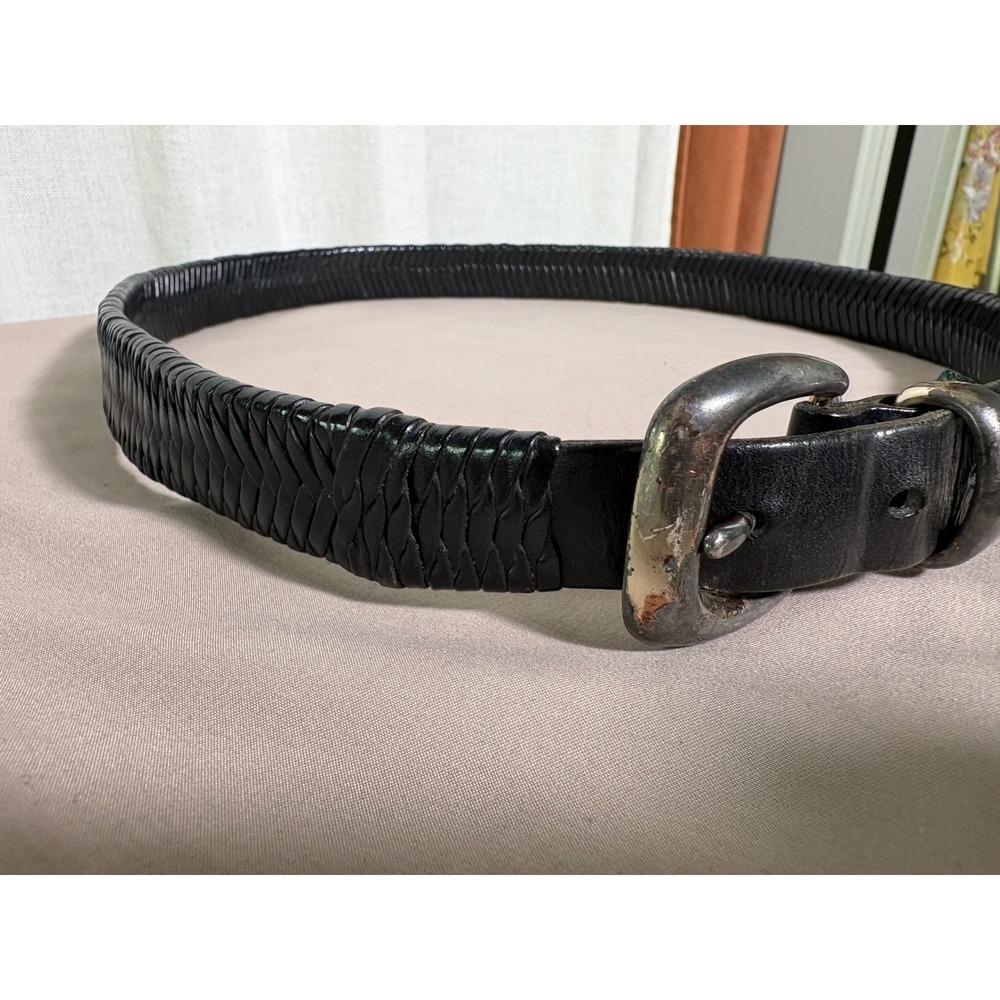 Cole Haan Braided Leather Belt Solid Brass Buckle Black Size 38